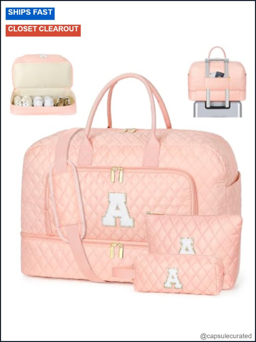 Quilted Initial Travel Bag Set with Shoe Compartment, Machine Washable, Trolley